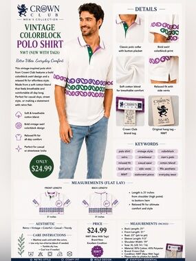 Crown White Polo with Blue, Green & Purple Wave Motif
